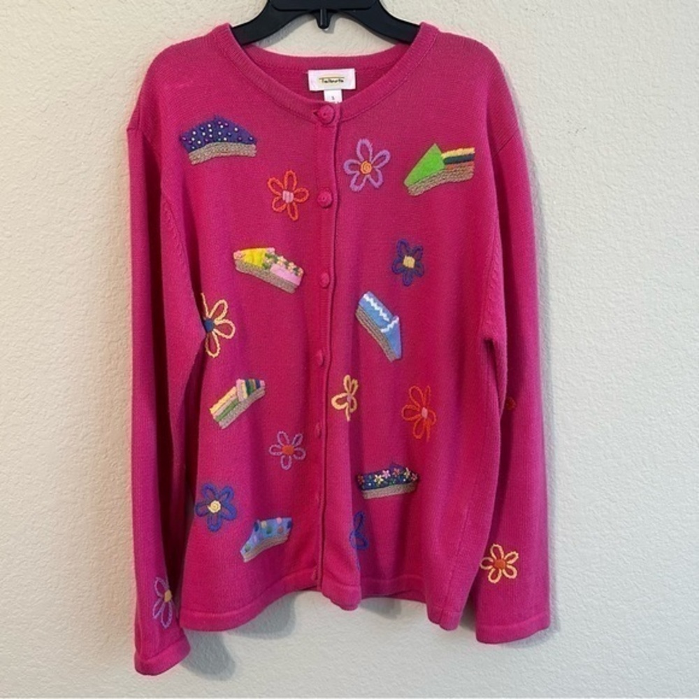 Talbots Sweater Pink Flowers Espadrille Shoes Print Knit Button Down Summer